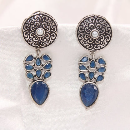 CHAKRA JHUMKA WITH TEAR DROPS STONE-BLUE -EARRING