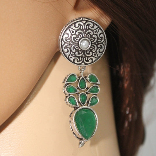 CHAKRA JHUMKA WITH TEAR DROPS STONE-GREEN -EARRING