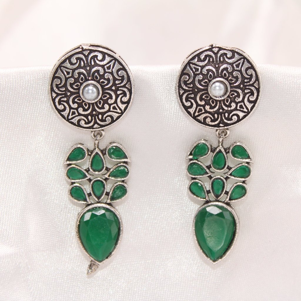 CHAKRA JHUMKA WITH TEAR DROPS STONE-GREEN -EARRING