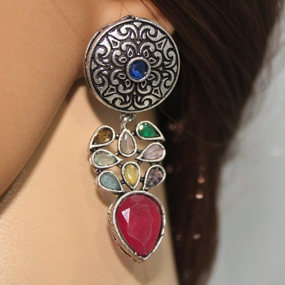 CHAKRA JHUMKA WITH TEAR DROPS STONE-MULTICOLOUR -EARRING