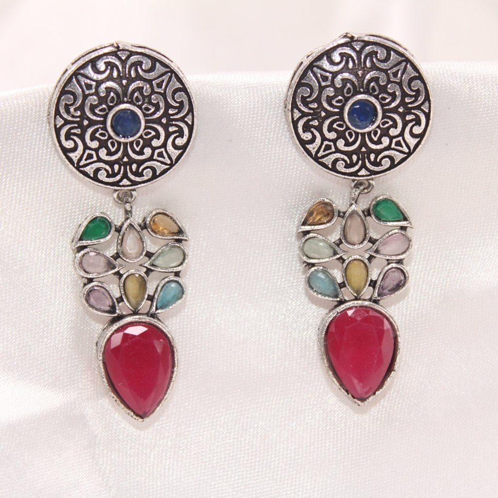 CHAKRA JHUMKA WITH TEAR DROPS STONE-MULTICOLOUR -EARRING