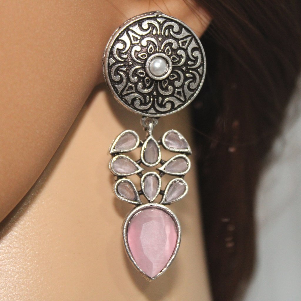 CHAKRA JHUMKA WITH TEAR DROPS STONE-PINK -EARRING