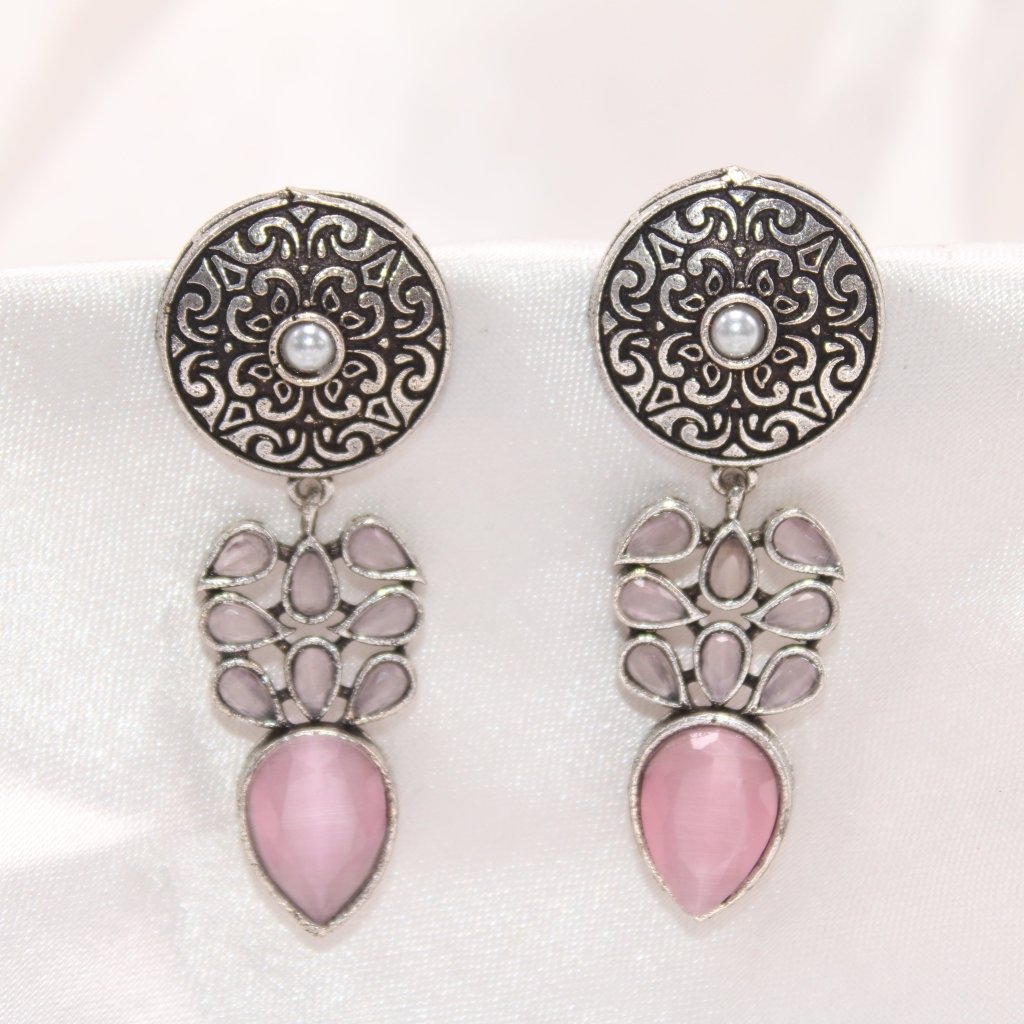 CHAKRA JHUMKA WITH TEAR DROPS STONE-PINK -EARRING