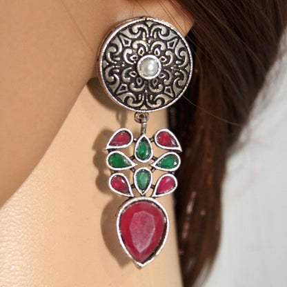 CHAKRA JHUMKA WITH TEAR DROPS STONE-RED & GREEN -EARRING