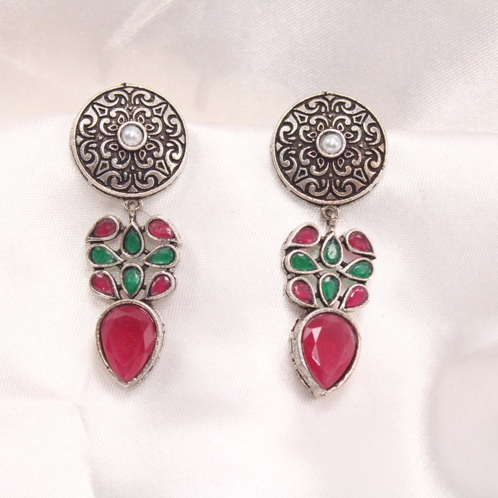 CHAKRA JHUMKA WITH TEAR DROPS STONE-RED & GREEN -EARRING