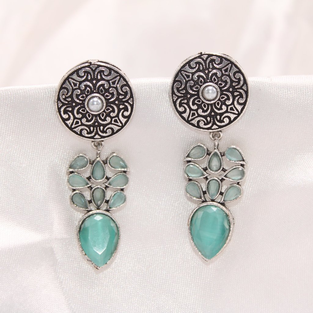 CHAKRA JHUMKA WITH TEAR DROPS STONE-TURQUOISE -EARRING