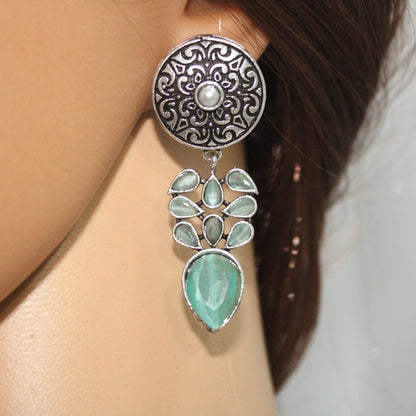 CHAKRA JHUMKA WITH TEAR DROPS STONE-TURQUOISE -EARRING