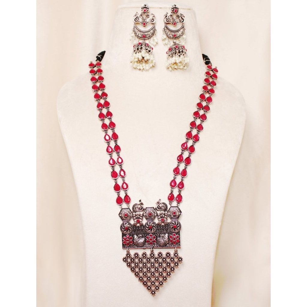 TRI-LADI LONG HAAR-NECKLACE SET IN MAROON COLOUR WITH BIG JHUMKI EARRINGS FROM PARAMPARA COLLECTION -Necklaces