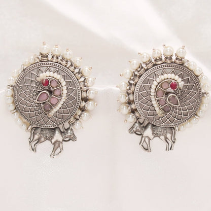 COW PATTERN BIG ROUND STUD WITH PEARLS-PINK -Earrings