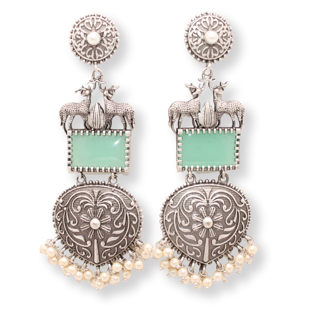 DEER PAIR SILVER LOOK ALIKE DANGLER-GREEN -EARRING