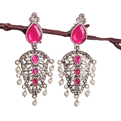 DUAL DROP DANGLER-DARK PINK -EARRING