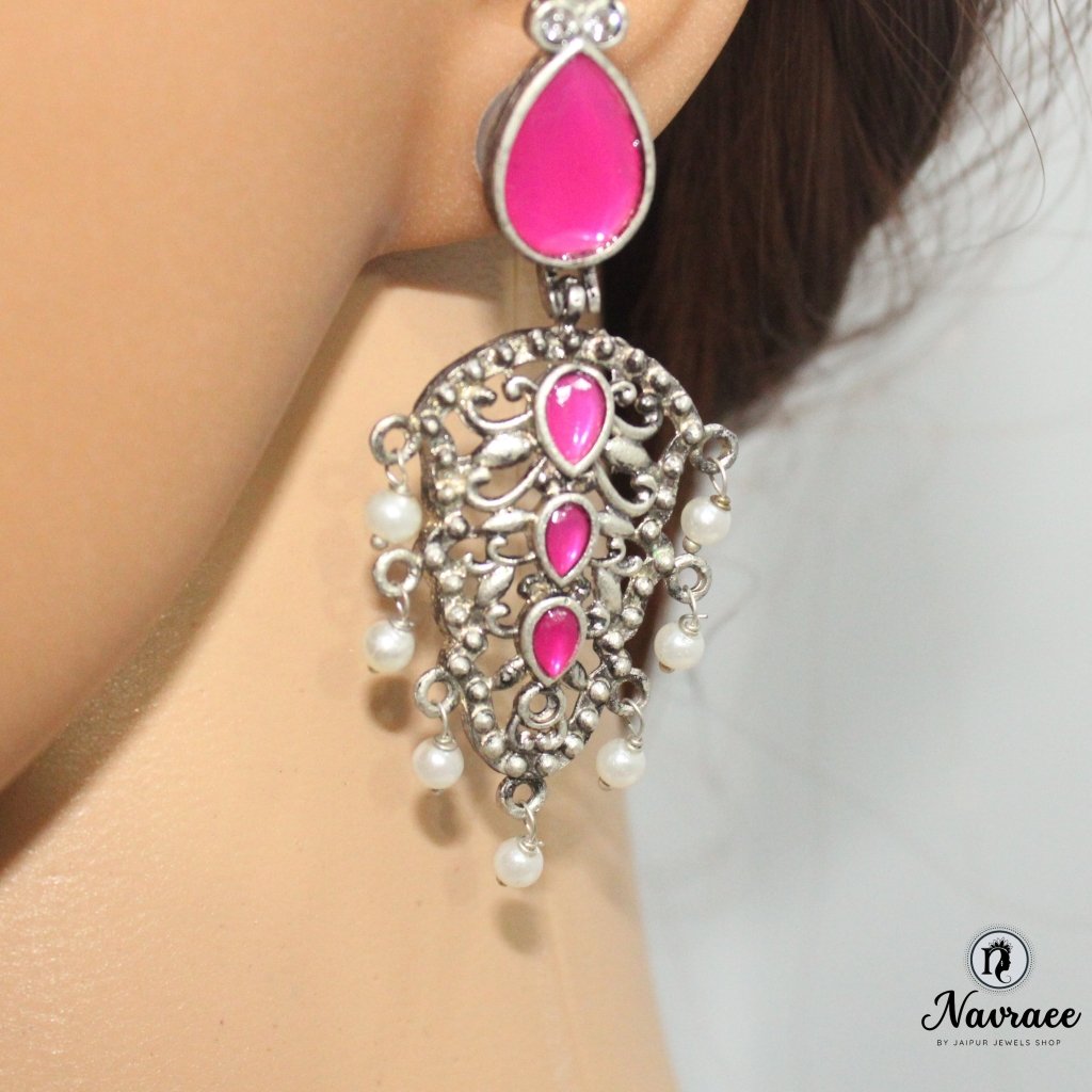 DUAL DROP DANGLER-DARK PINK -EARRING