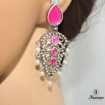 DUAL DROP DANGLER-DARK PINK -EARRING