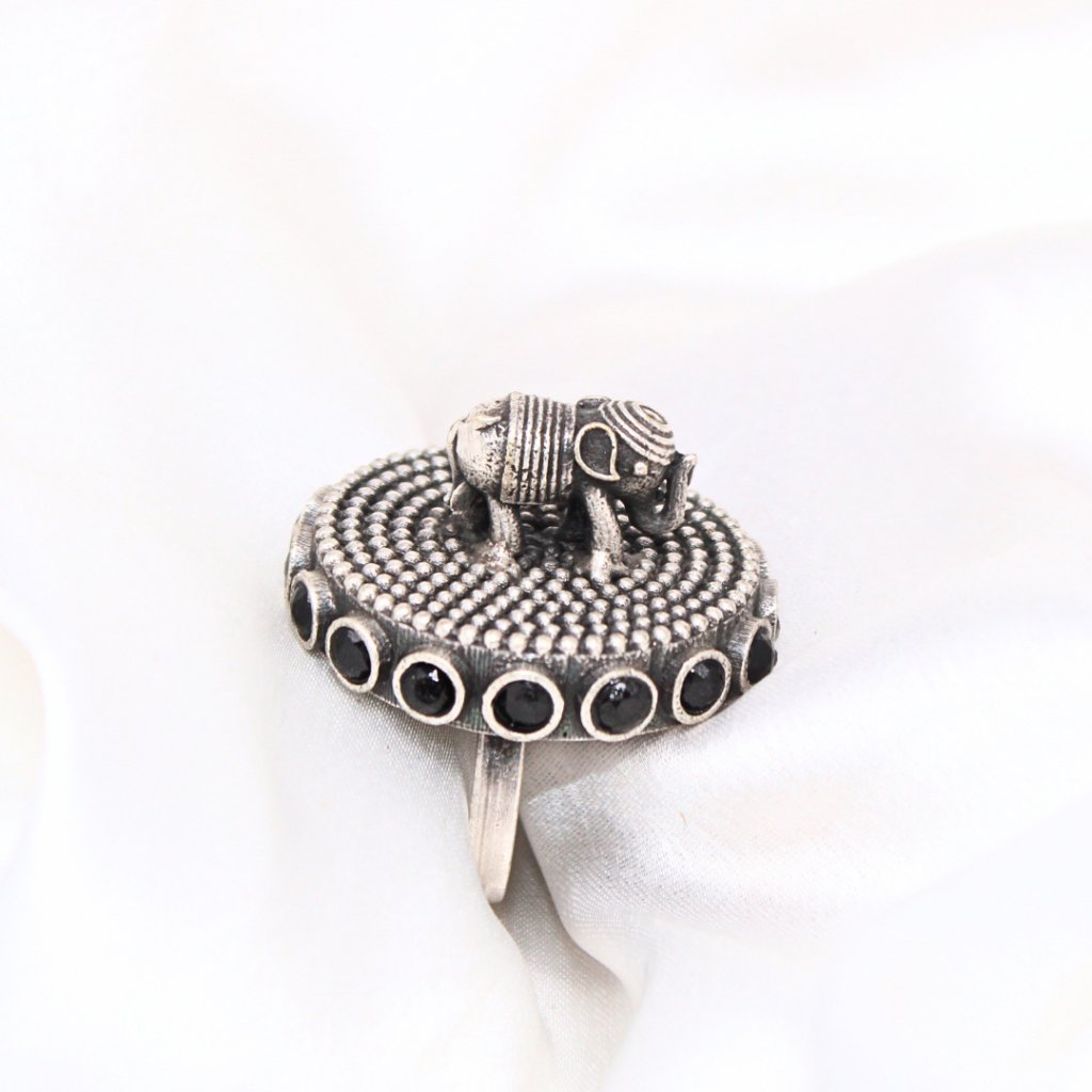 ELEPHANT ON CHAKRA STATEMENT RING-BLACK -Rings