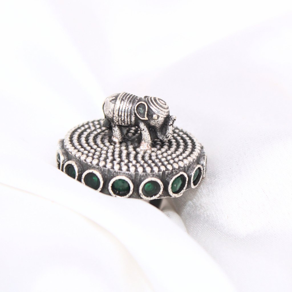 ELEPHANT ON CHAKRA STATEMENT RING-GREEN -Rings