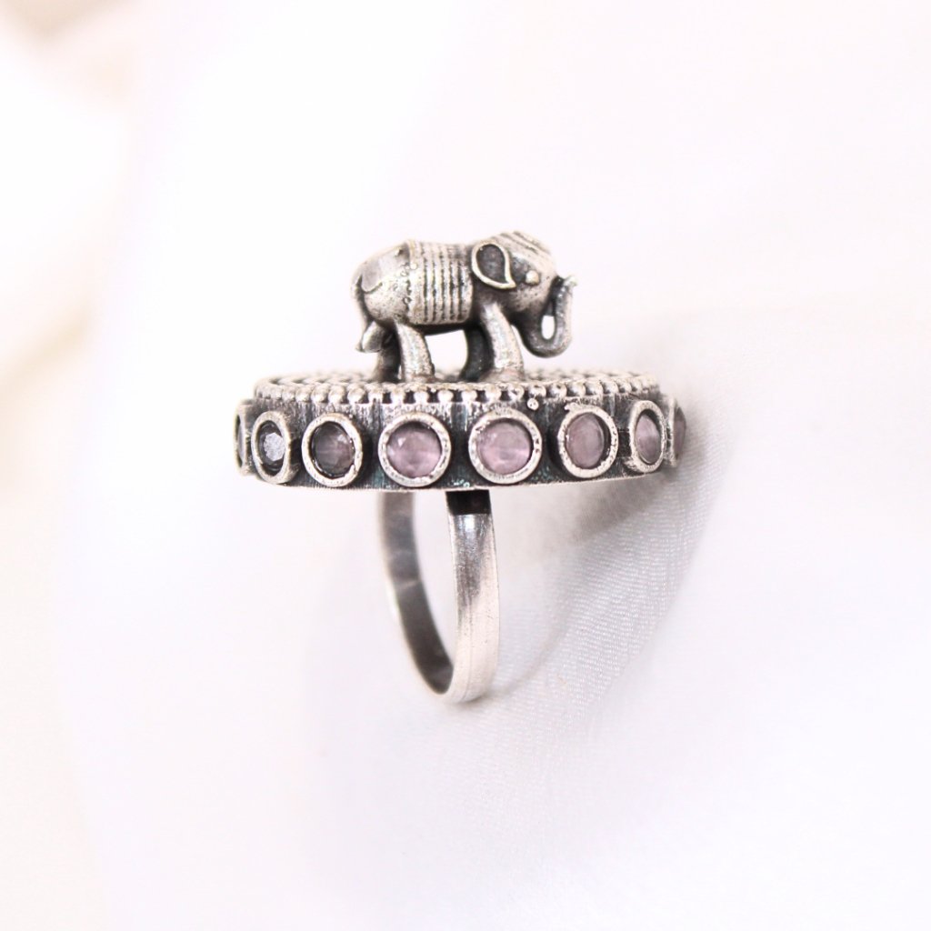 ELEPHANT ON CHAKRA STATEMENT RING-MAUVE -Rings