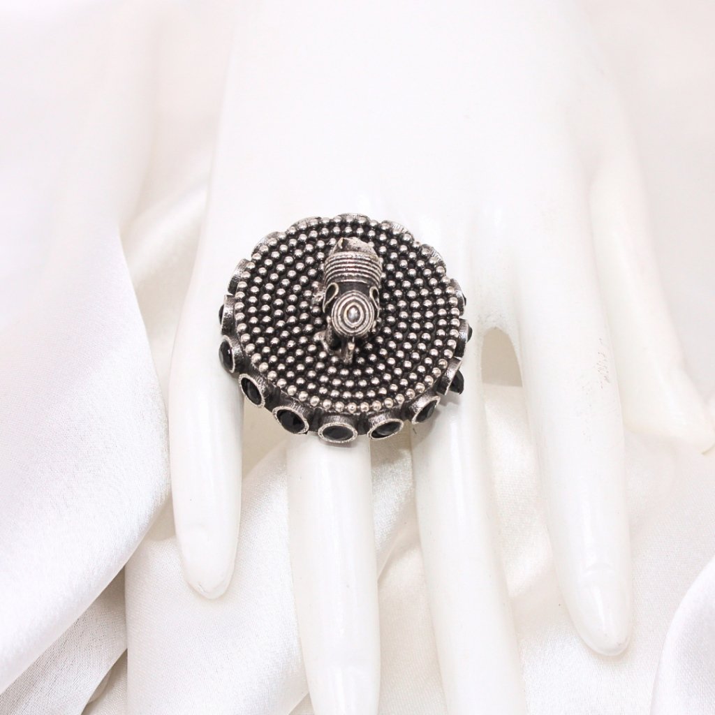 ELEPHANT ON CHAKRA STATEMENT RING-MAUVE -Rings