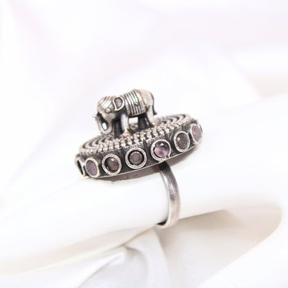 ELEPHANT ON CHAKRA STATEMENT RING-MAUVE -Rings