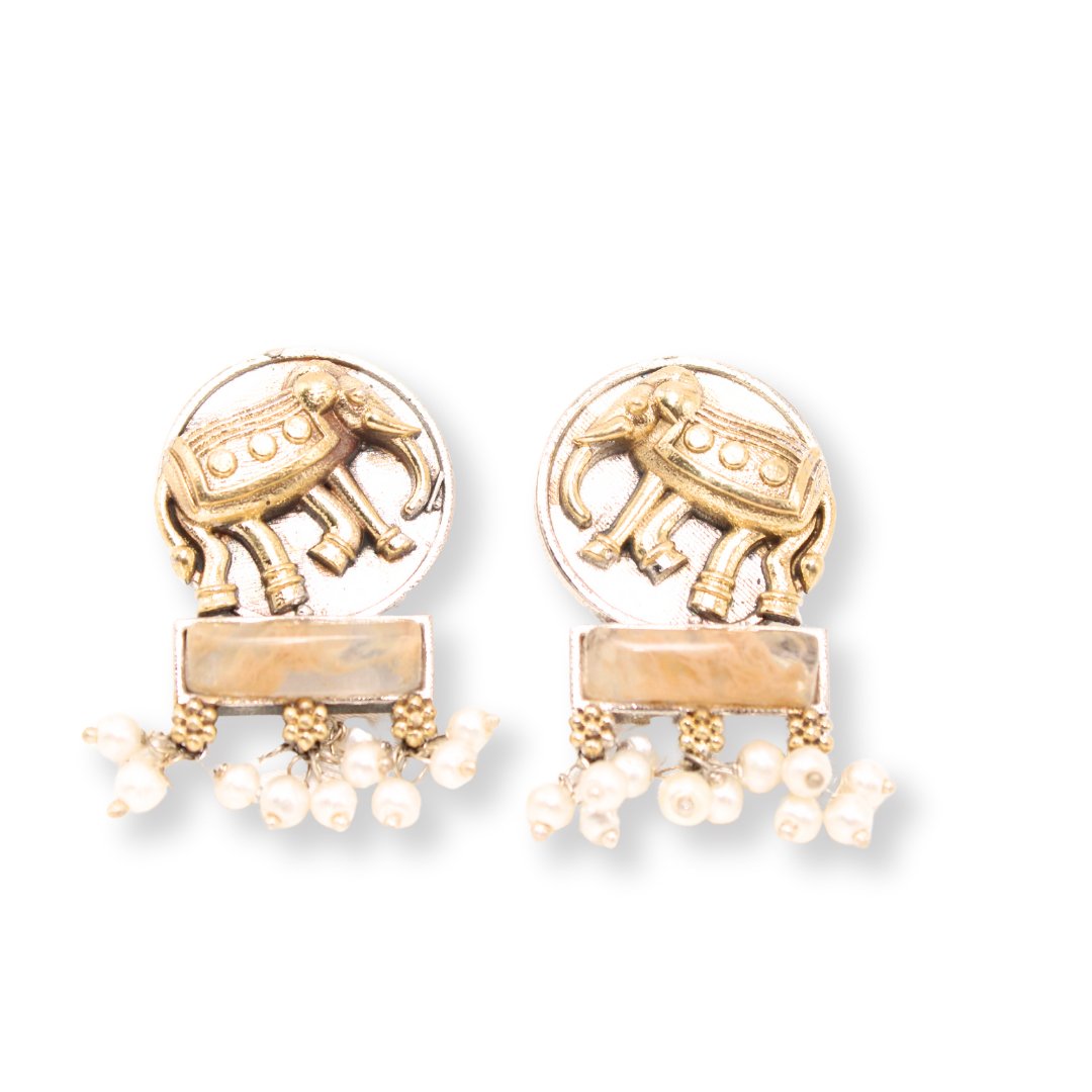 ELEPHANT PAIR DUAL-TONE PENDANT SET-BEIGE -Charms & Pendants