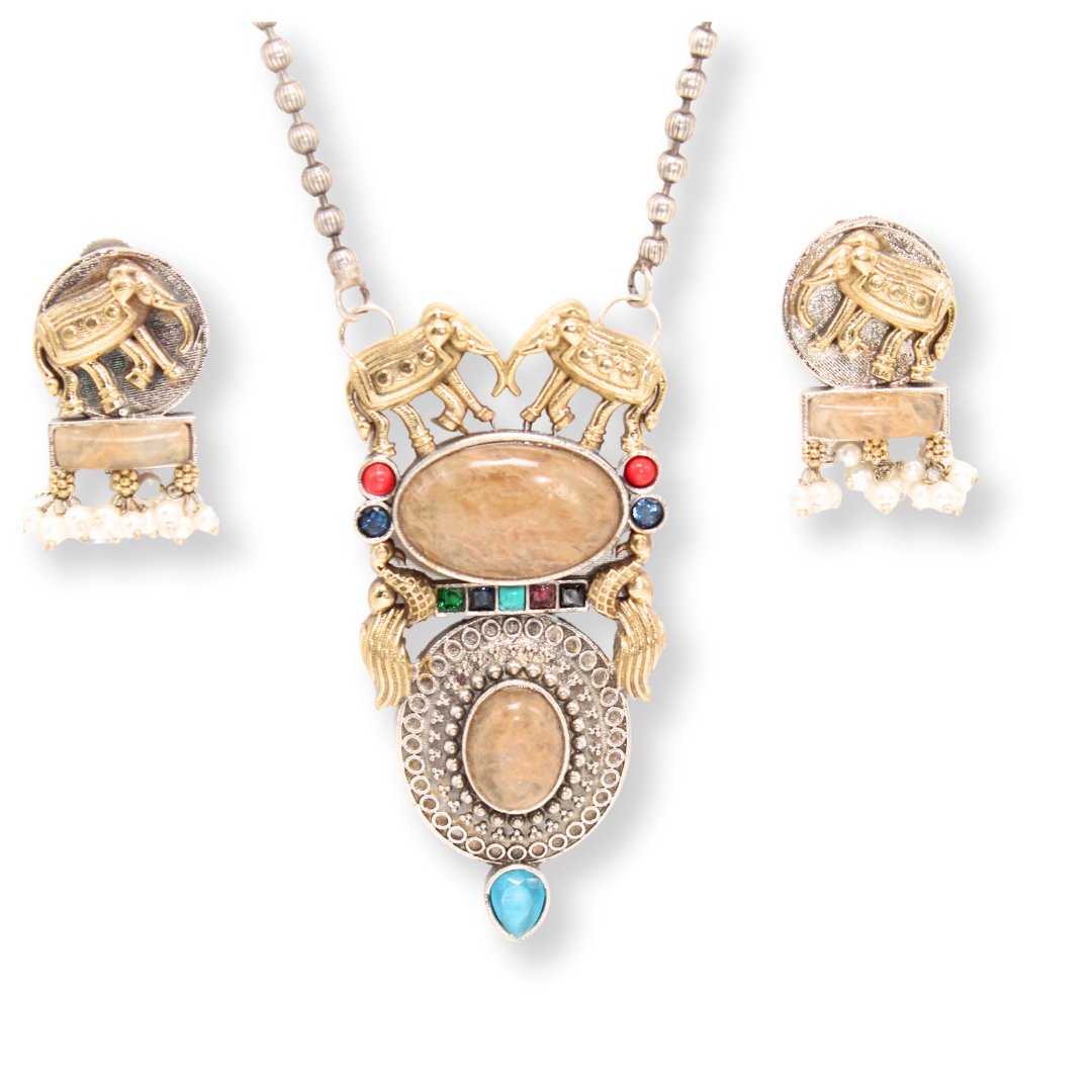 ELEPHANT PAIR DUAL-TONE PENDANT SET-BEIGE -Charms & Pendants