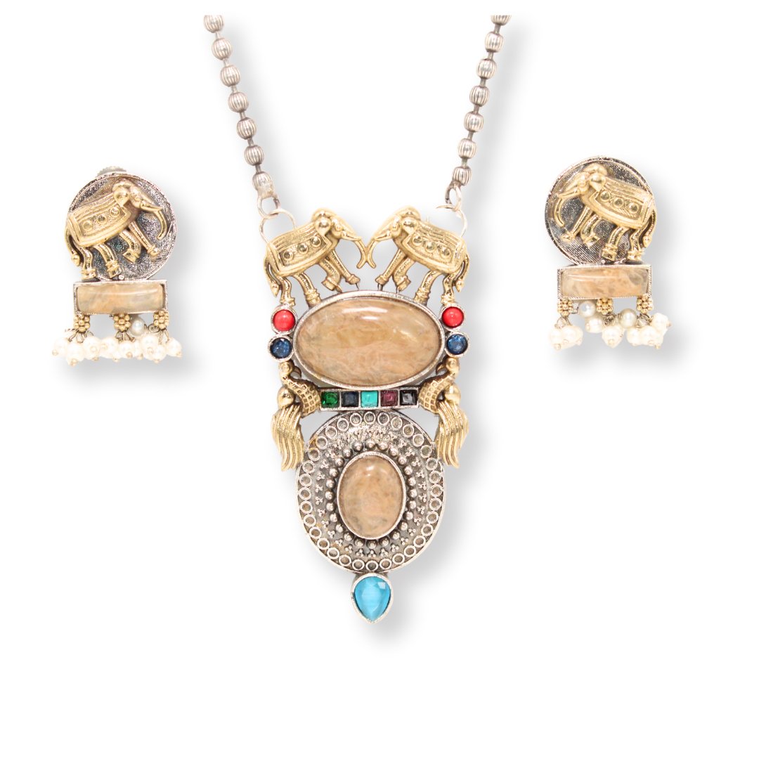 ELEPHANT PAIR DUAL-TONE PENDANT SET-BEIGE -Charms & Pendants