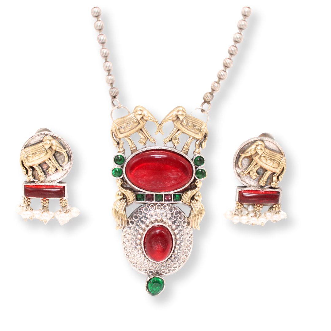 ELEPHANT PAIR DUAL-TONE PENDANT SET-RED -Charms & Pendants