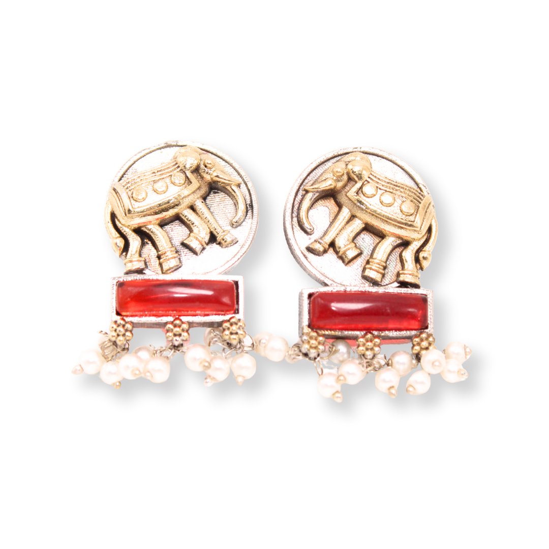 ELEPHANT PAIR DUAL-TONE PENDANT SET-RED -Charms & Pendants