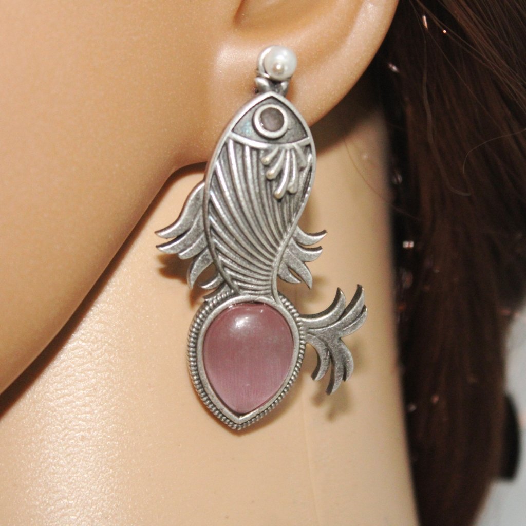 FISH PATTERN WITH DROP SHAPE STONE STUDS-PINK -EARRING