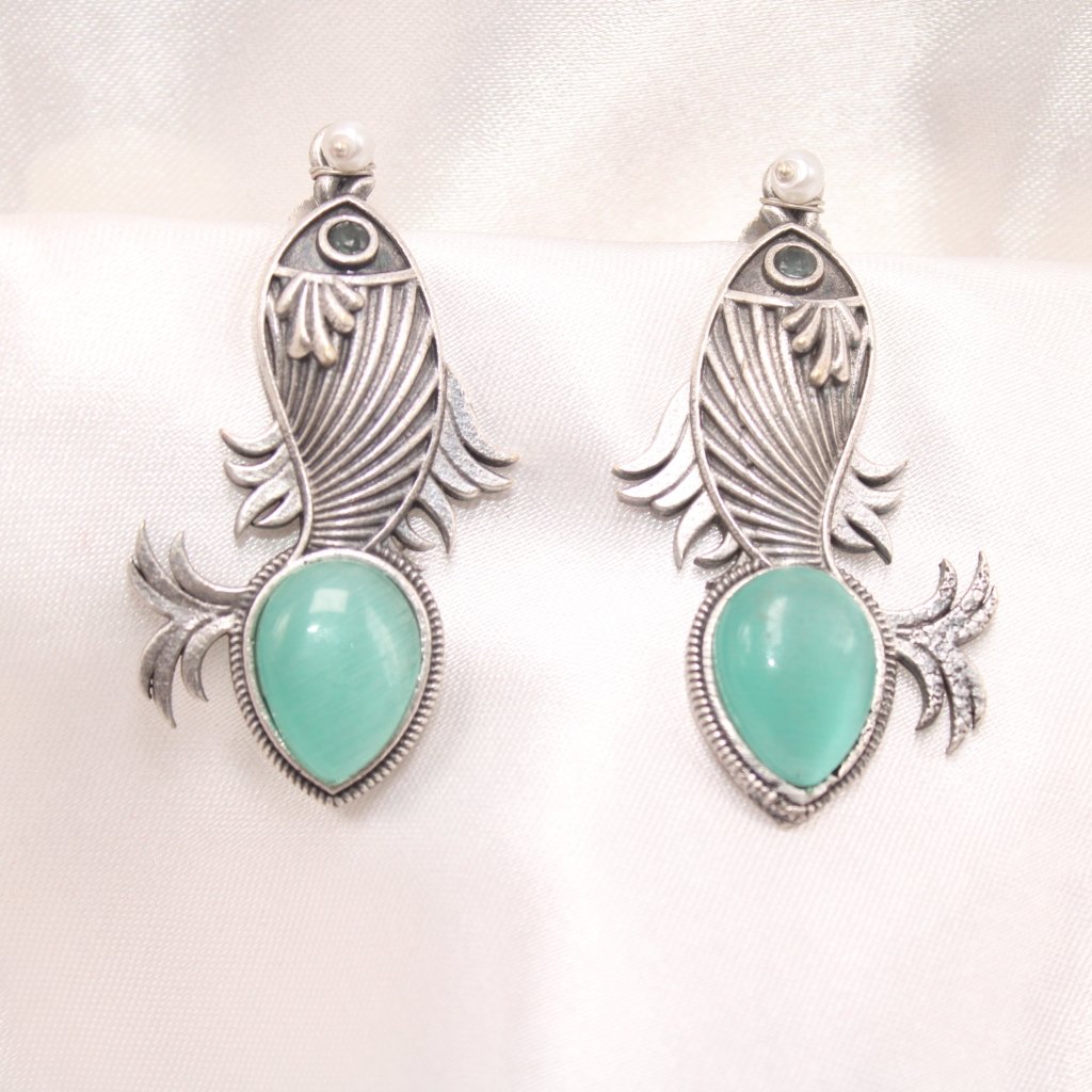 FISH PATTERN WITH DROP SHAPE STONE STUDS-TURQUOISE BLUE -EARRING