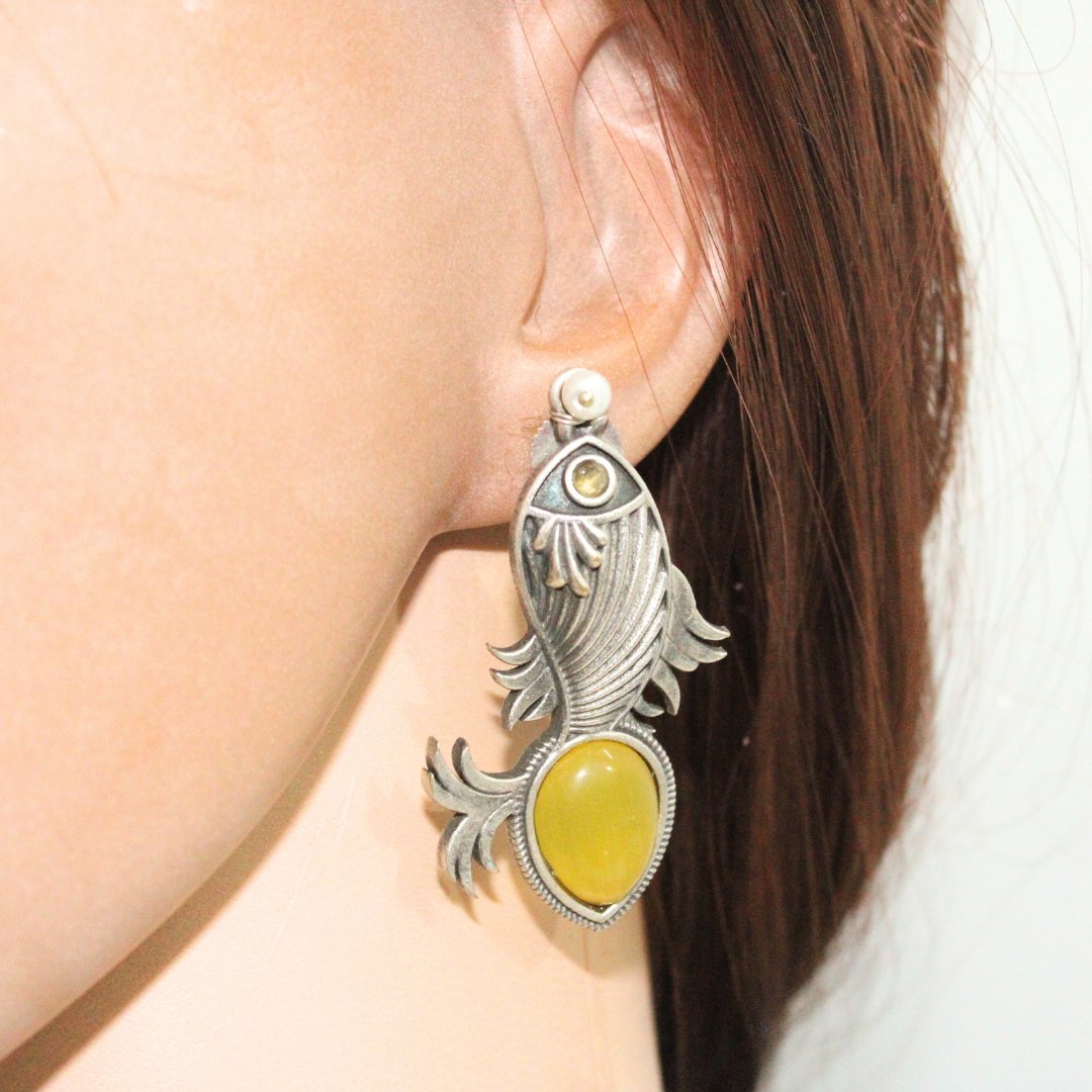 FISH PATTERN WITH DROP SHAPE STONE STUDS-YELLOW -EARRING