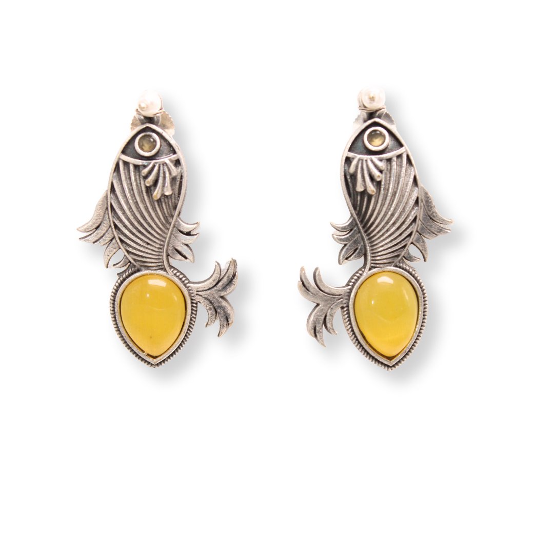 FISH PATTERN WITH DROP SHAPE STONE STUDS-YELLOW -EARRING