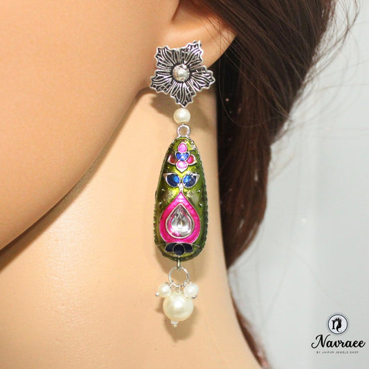 FLOWER & DROP -MEENAKARI JHUMKA-MEHNDI GREEN -EARRING