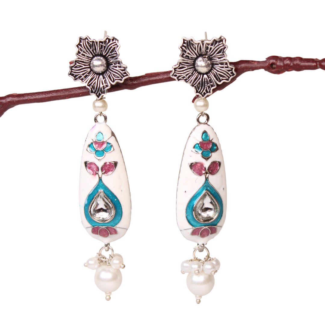 FLOWER & DROP -MEENAKARI JHUMKA-WHITE -EARRING