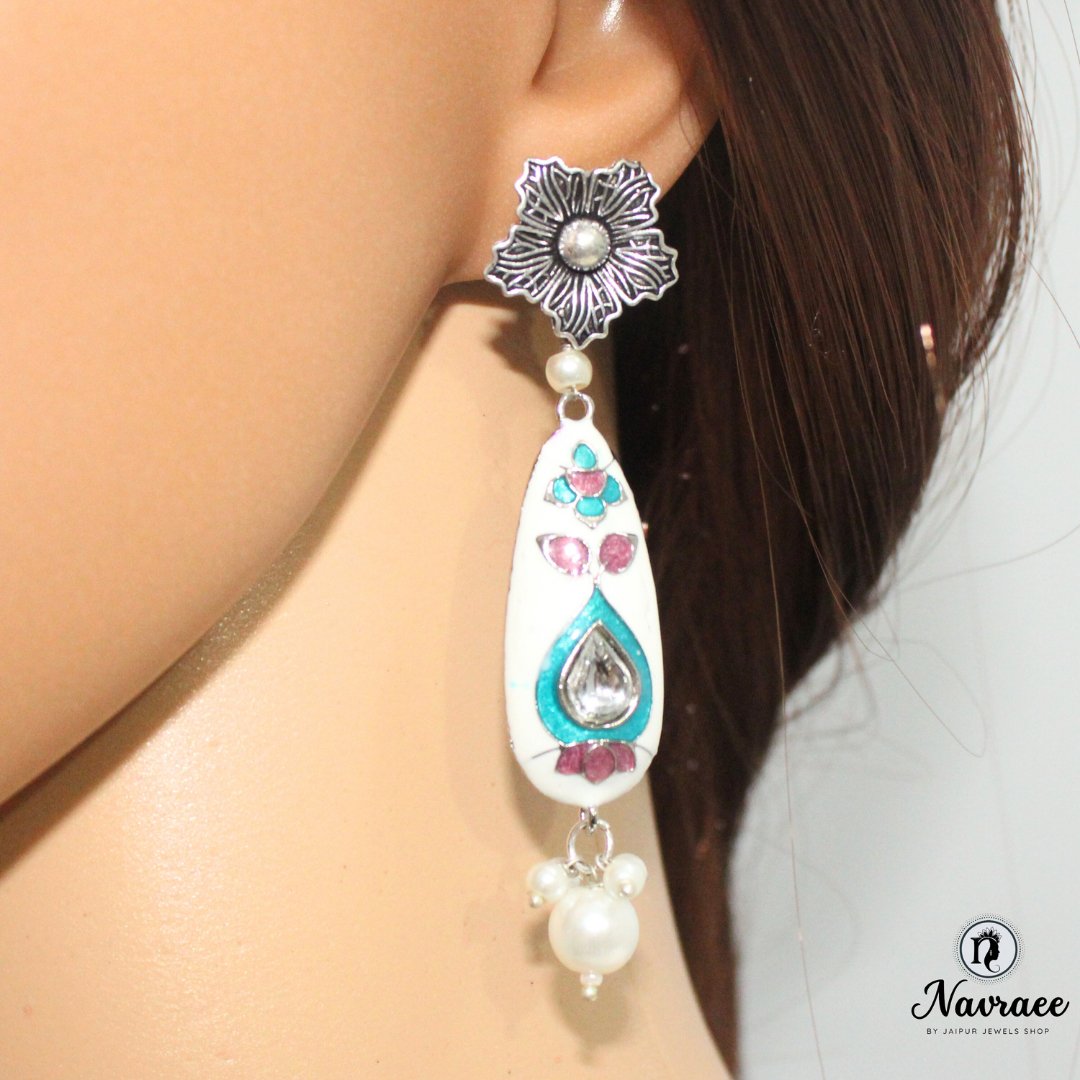 FLOWER & DROP -MEENAKARI JHUMKA-WHITE -EARRING