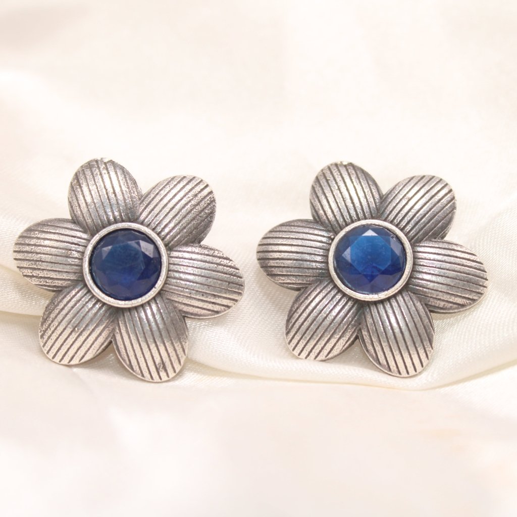 FLOWER PATTERN WITH ROUND STONE STUDS-BLUE -EARRING