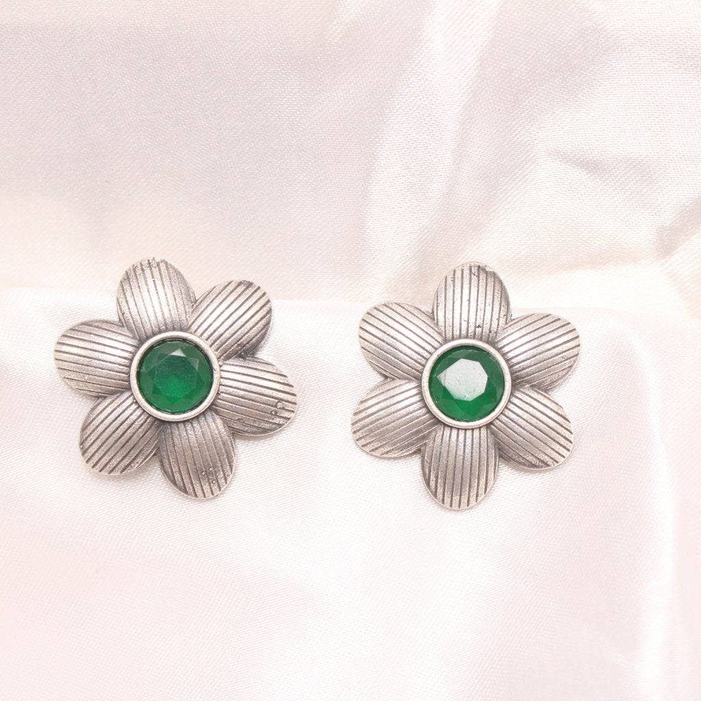 FLOWER PATTERN WITH ROUND STONE STUDS-GREEN -EARRING