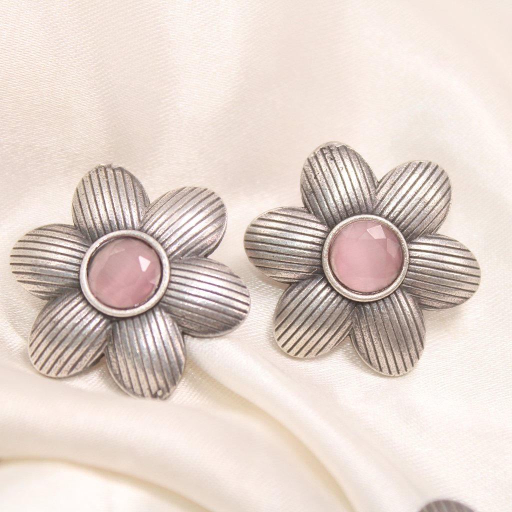 FLOWER PATTERN WITH ROUND STONE STUDS-PINK -EARRING