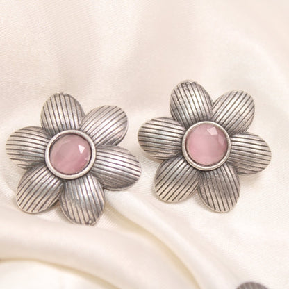 FLOWER PATTERN WITH ROUND STONE STUDS-PINK -EARRING