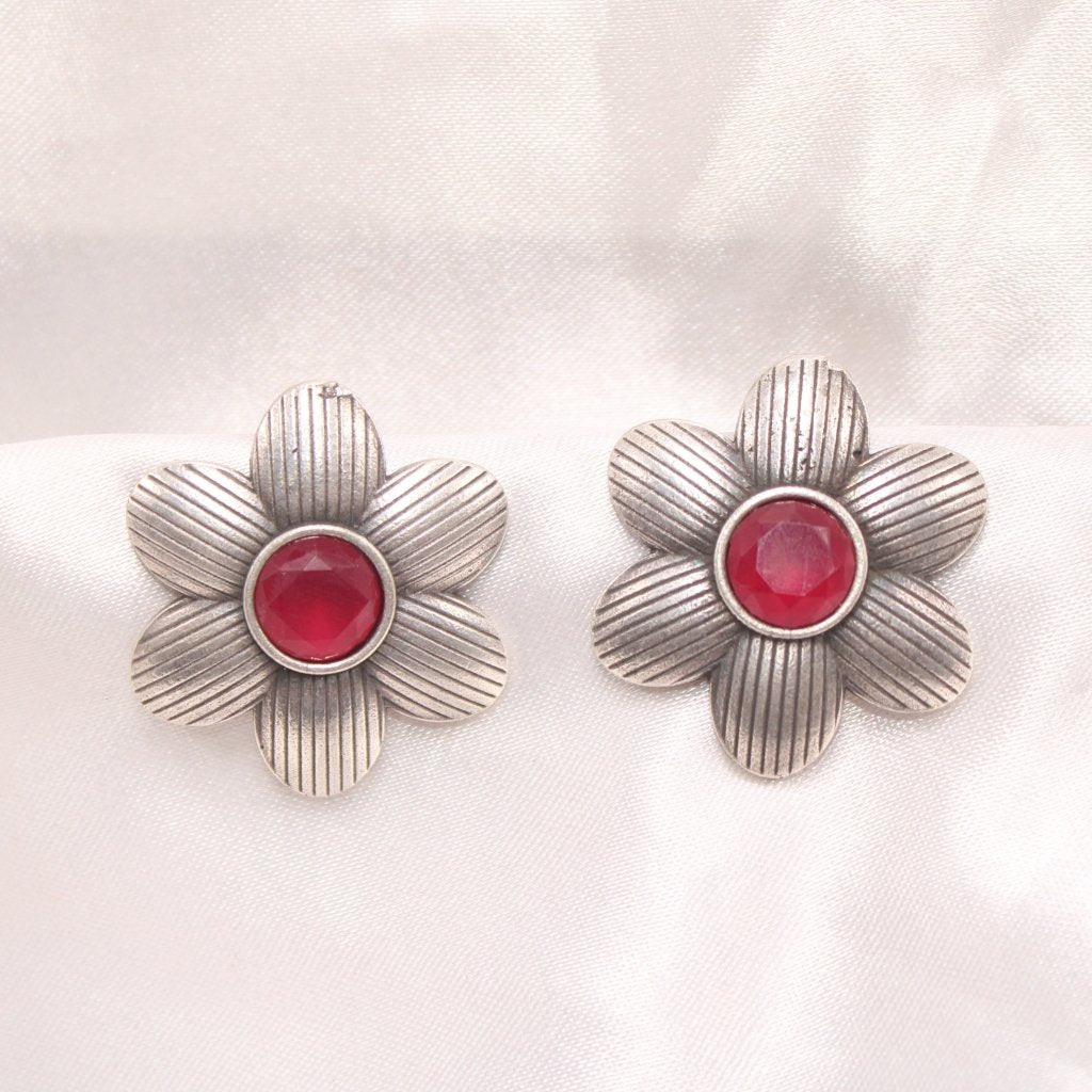 FLOWER PATTERN WITH ROUND STONE STUDS-RED -EARRING