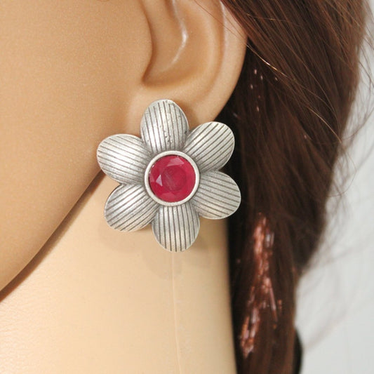 FLOWER PATTERN WITH ROUND STONE STUDS-RED -EARRING