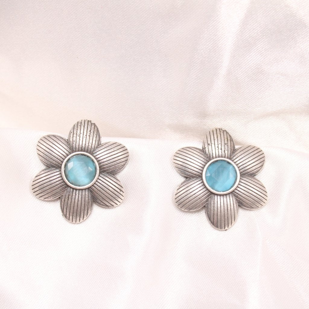 FLOWER PATTERN WITH ROUND STONE STUDS-SKY BLUE -EARRING