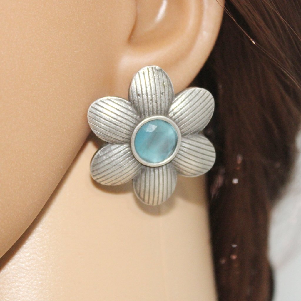 FLOWER PATTERN WITH ROUND STONE STUDS-SKY BLUE -EARRING