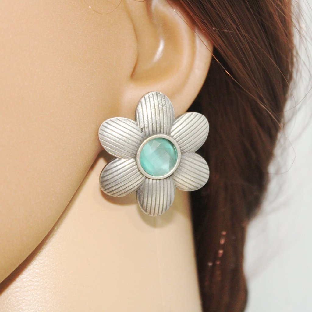 FLOWER PATTERN WITH ROUND STONE STUDS-TURQUOISE GREEN -EARRING