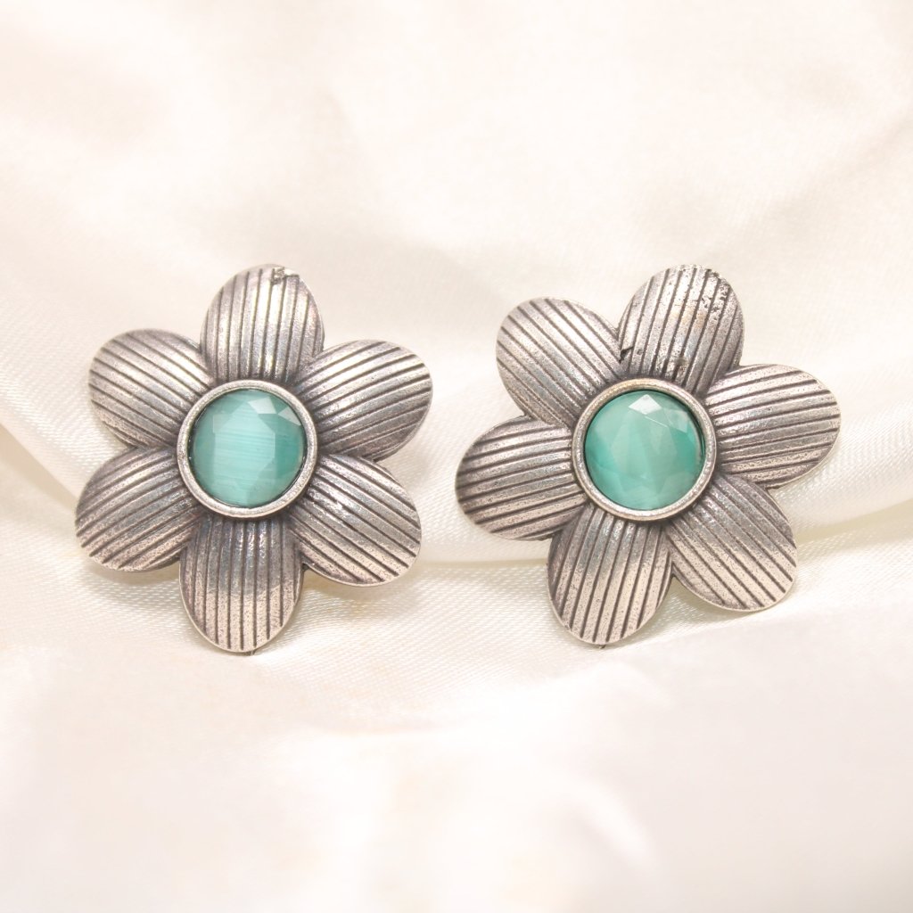 FLOWER PATTERN WITH ROUND STONE STUDS-TURQUOISE GREEN -EARRING