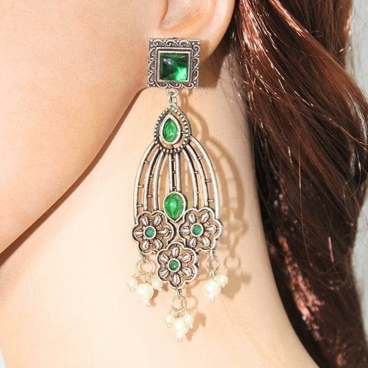 FLOWER TRIPLET DUAL-TONE STONE DANGLER JHUMKA-GREEN -EARRING