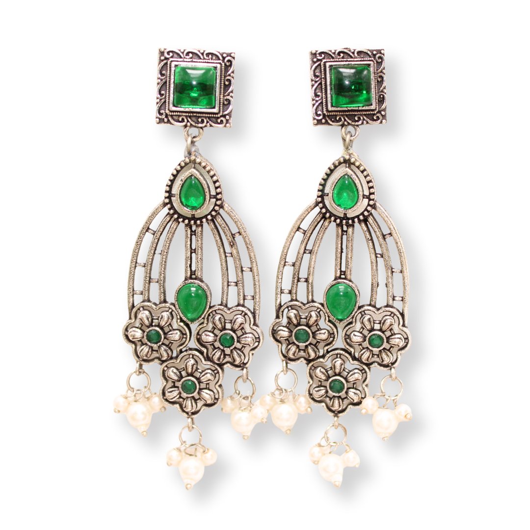 FLOWER TRIPLET DUAL-TONE STONE DANGLER JHUMKA-GREEN -EARRING