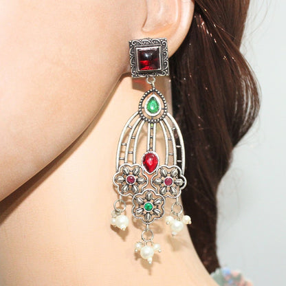 FLOWER TRIPLET DUAL-TONE STONE DANGLER JHUMKA-GREEN & RED -EARRING