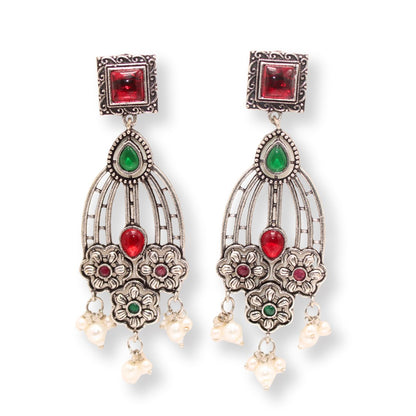 FLOWER TRIPLET DUAL-TONE STONE DANGLER JHUMKA-GREEN & RED -EARRING