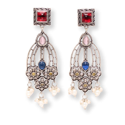 FLOWER TRIPLET DUAL-TONE STONE DANGLER JHUMKA-RED & BLUE -EARRING