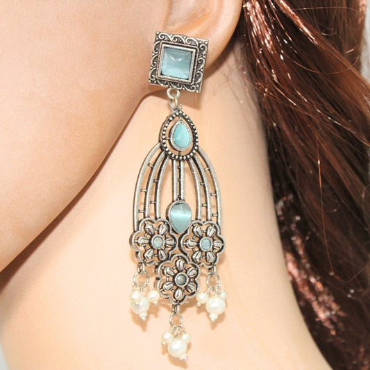 FLOWER TRIPLET DUAL-TONE STONE DANGLER JHUMKA-SKY BLUE -EARRING